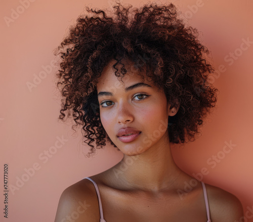 Portrait of a young diverse woman isolated on a peach copyspace background for text