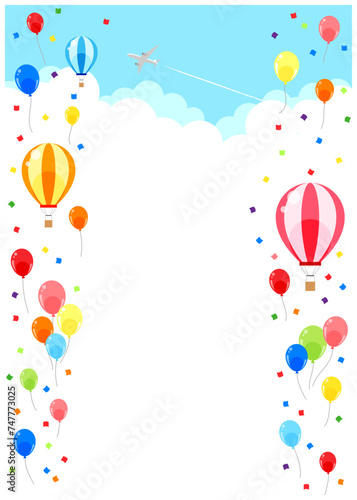 風船、気球、空、雲、背景、イラスト、かわいい、縦型