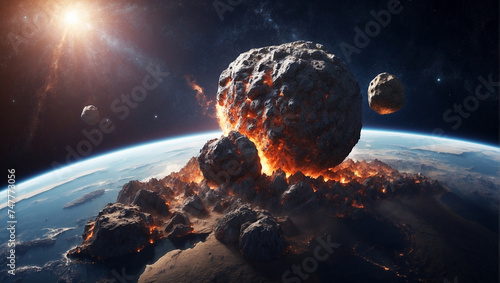 Asteroid impact, end of world, judgment day. Group of burning exploding asteroids from deep space approaches to planet Earth