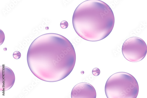 Light violet, light purple liquid bubbles or shiny droplets isolated on transparent background. Elegant glowing jelly circles composition for cosmetology, beauty science, skincare molecular concept.