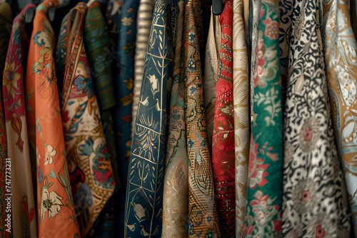 Close up of colorful vintage clothing on a rack 