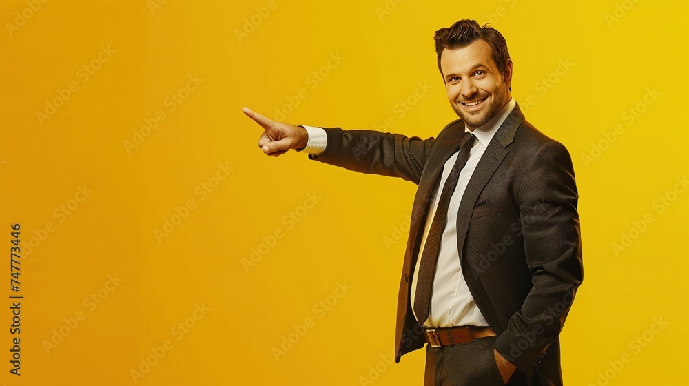 Fototapeta premium A happy businessman in a sleek suit posing with a finger pointed towards the camera on a bright yellow backdrop