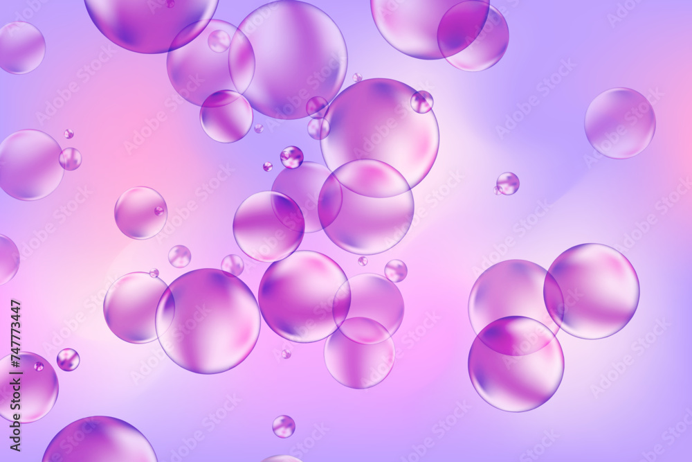 Abstract liquid bubbles or glowing circles flowing and overlapping light violet, purple gradient background. Dynamic particles emulsion wallpaper. Collagen serum solution or cosmetology oil texture. Abstract liquid bubbles or glowing circles flowing and overlapping light violet, purple gradient background. Dynamic particles emulsion wallpaper. Collagen serum solution or cosmetology oil texture.