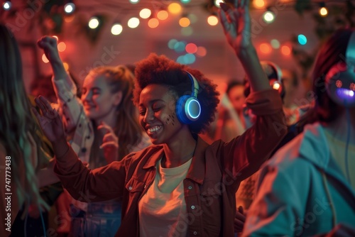 diverse group of people wearing headphones at a silent disco