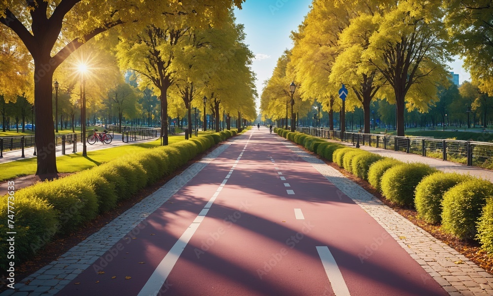 Obraz premium Sunlit Autumn Bicycle Path in Park