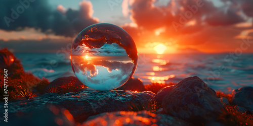 Crystal ball on snow with sunset in the background. Winter landscape. 