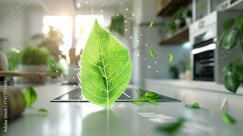 Waschmaschine unscharf im Hintergrund mit einem frischen saftigen grünen Blatt als Zeichen für eine niedrige Energieeffizientklasse A+++ ökologische und nachhaltige Haushaltsgeräte Generative AI photo
