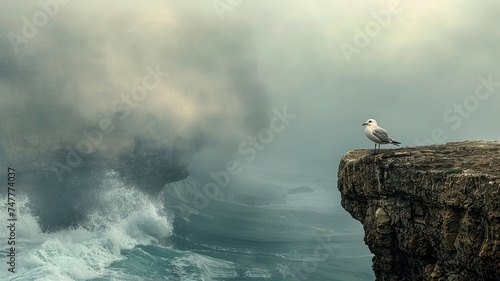 A solitary bird perched on a cliff against the backdrop of powerful ocean waves, symbolizing freedom and the force of nature.