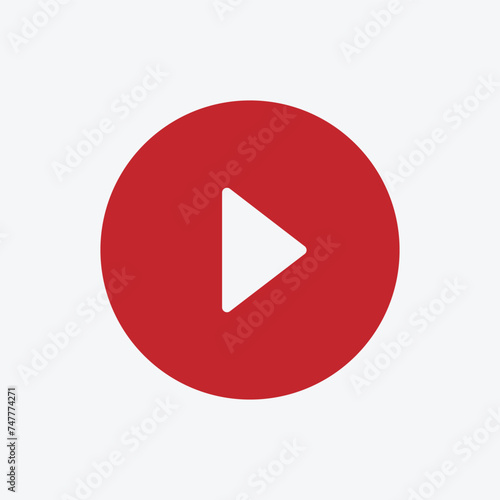 Red play button. Vector icon isolated on grey background. Trendy circle play button icon in flat style. Template for radio symbol, video player, app, and media logo. Vector illustration. Eps file 633.