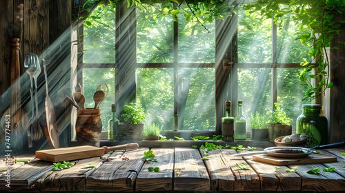 Serene Room with Nature View, Empty Interior with Greenery Outside, Modern Design with Wooden Elements and Sunlight