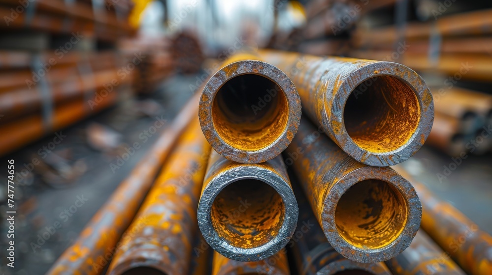 stack of rusty old steel pipes in a metallurgical plant factory