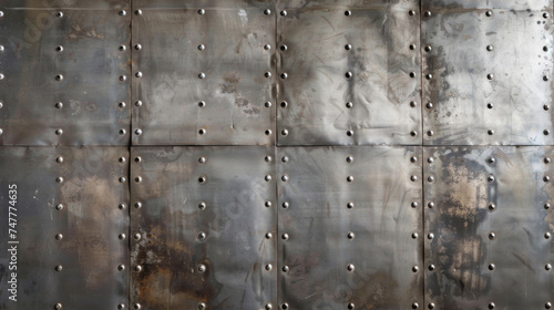 Close-up of battered sheet metal with evenly spaced rivets background photo
