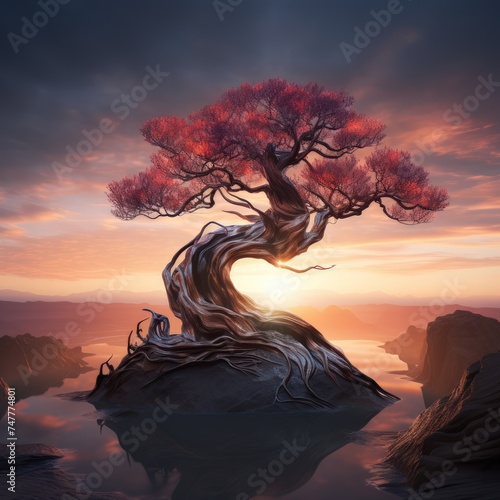 Tree stands on a rock near the setting sun, in a futuristic fantasy style