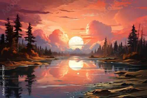 Vibrant sunset over a tranquil lake illustration