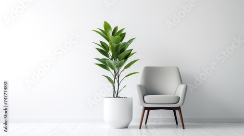 White chair and potted plant in a living room.