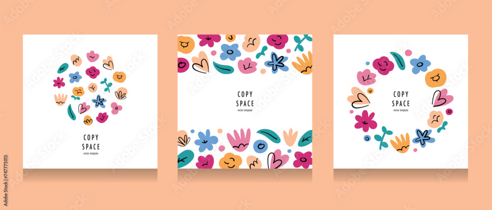 Cards with floral compositions, flower arrangements with copy space, set of templates with graphic design, vector illustrations of roses, lilies, hearts, good for poster, invitations or postcards