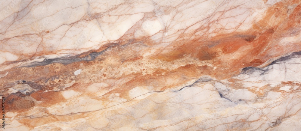 This close-up shot showcases a marbled surface with a mesmerizing pattern of brown and white colors. The intricate details of the natural marble create a visually striking texture,