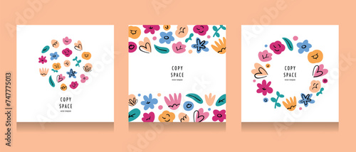 Cards with floral compositions, flower arrangements with copy space, set of templates with graphic design, vector illustrations of roses, lilies, hearts, good for poster, invitations or postcards