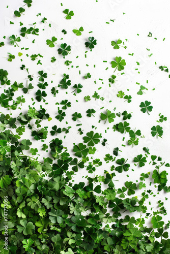 Green Clovers or Shamrocks and confetti white Background for St. Patrick s Day Holiday
