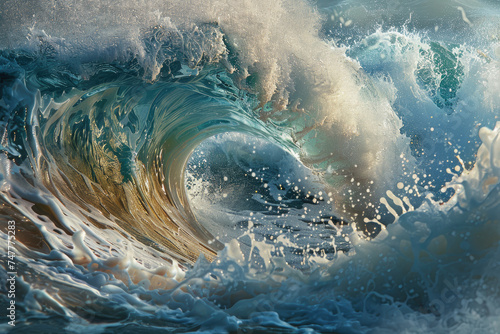 the curl of an ocean wave  with water droplets suspended in the air adding texture and dynamism