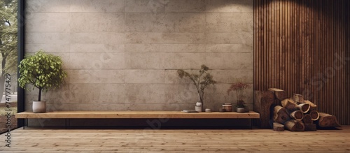 A room with a wooden bench against a wall designed with wood and cement  featuring a potted plant on the bench. The room has a simple and modern aesthetic.