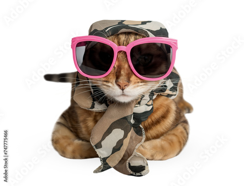 Funny cat wearing pink glasses and a summer scarf © Svetlana Rey