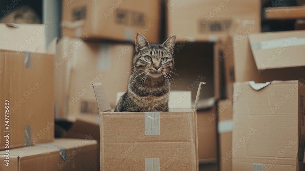 Fototapeta premium A cat is perched atop a cardboard box, observing its surroundings with curiosity and alertness