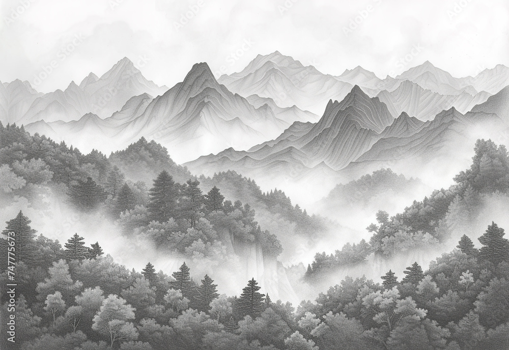 Mountain forest landscape in fog sketch art, hand drawn pencil illustration