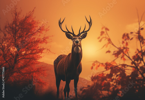 Red deer in the forest at dusk at sunset. Beautiful horned deer in orange light of the setting sun.