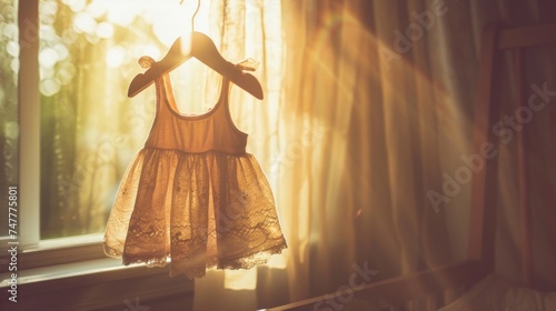 A small dress belonging to a little girl is seen hanging on a window sill, catching the sunlight