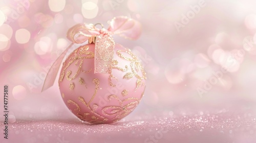 A pink ornament with a bow on it  standing out against a plain background