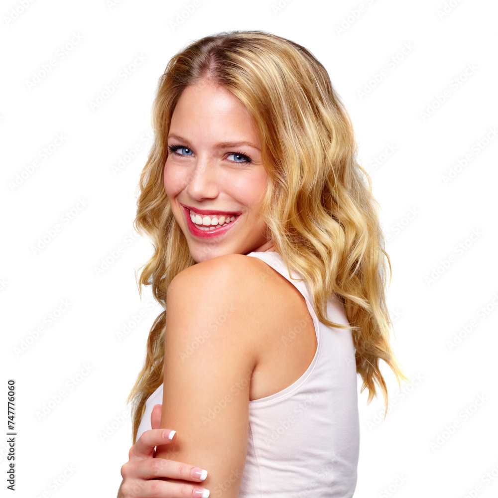 Smile, hair care or portrait of happy woman in studio for keratin growth or healthy natural shine. Face, wellness or model with confidence or beauty for blonde hairstyle results on white background