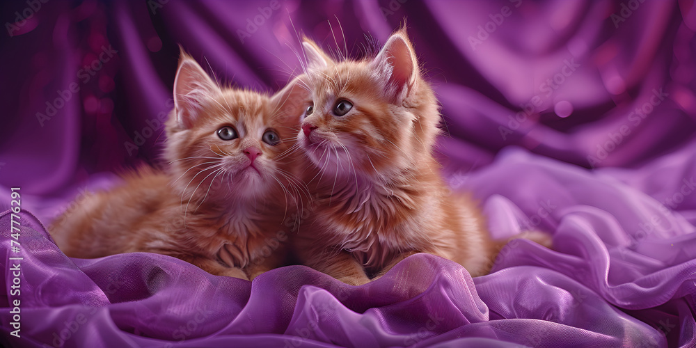 Cozy purple blanket fort becomes haven as kittens huddle, radiating irresistible charm Romantic portrayal of two kittens, celebrating love on Valentines Day.