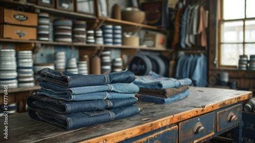 fashionable clothes. pile of jeans with workshop on background.