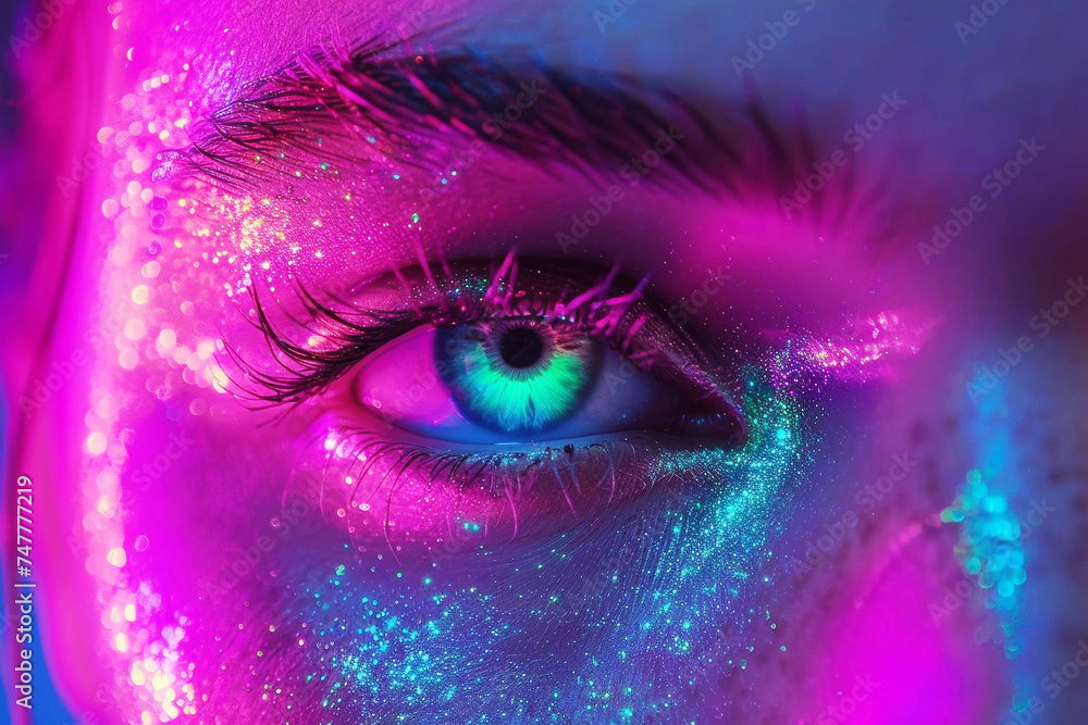 Neon aesthetic green eye of woman. Model and magic universe. Neon aesthetic green eye of woman. Model and magic universe.