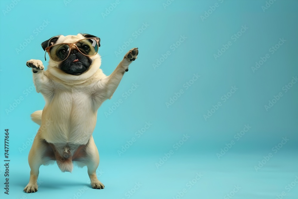 Quirky Pug Dog Jumping in Underwater with Sunglasses