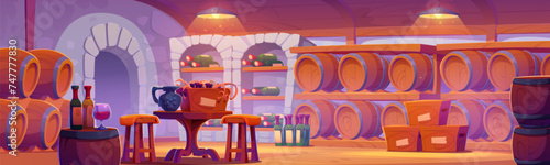 Wine cellar interior for grape drink storage and tasting. Cartoon basement room with glass bottles in rack, wooden barrels on shelf, bottles in box and jug on table, hair and glass with alcohol drink.