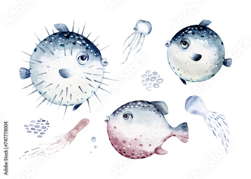 Set of sea animals. Blue watercolor ocean fish, turtle, whale and coral. Shell aquarium background. Nautical dolphin marine illustration, jellyfish, starfish