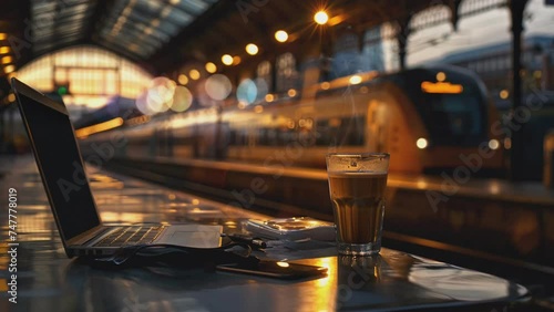 View of a  glass coffee in a train station with a laptop, seamless looping 4k time-lapse, animation video photo