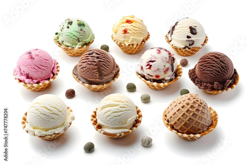 Variety of Ice Cream Flavors in Cones and Waffle Cups
