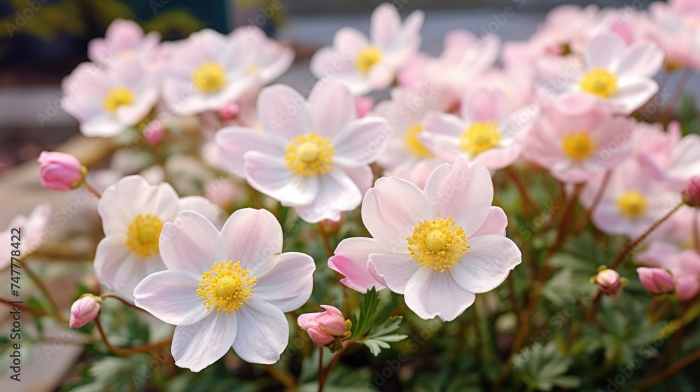 Anemone hupehensis japonica beautiful flowerin plant, flowers with pale pink petals and yellow center in bloom, bunch of nice plants