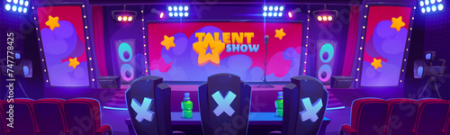 Talent show setup in big hall with micro and loudspeakers on scene, large screen, chairs of jury and audience, spotlights and tv cameras. Cartoon vector of empty competition and contest stage.