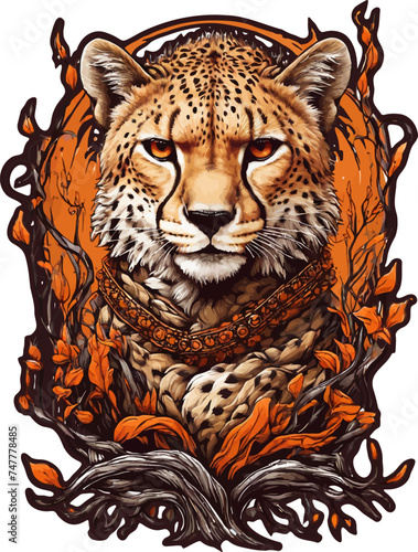 Cheetah with root and fire vector illustration for t-shirt, stickers and others.
