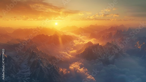 Majestic mountain sunrise panorama with golden light and cloud sea