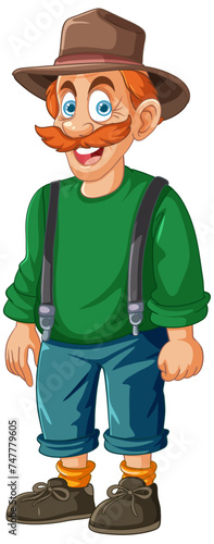 Smiling cartoon man dressed in explorer attire.