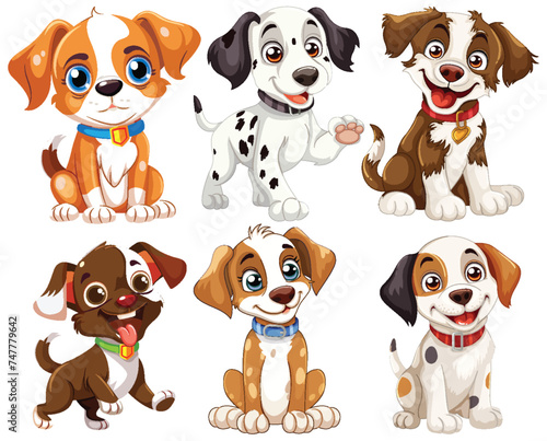 Six cute animated puppies with playful expressions.