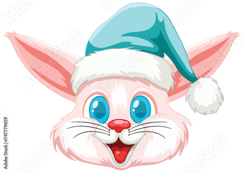 Cute rabbit wearing a Christmas hat, smiling joyfully.