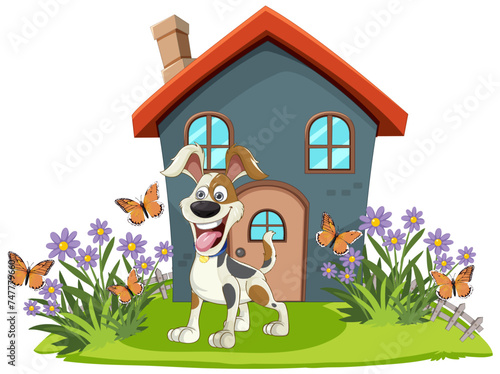 Cheerful dog with butterflies near a cozy house