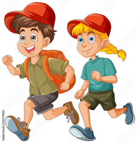 Two cartoon kids running with happy expressions.