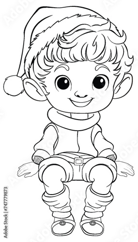 Smiling elf character in Christmas-themed outfit.